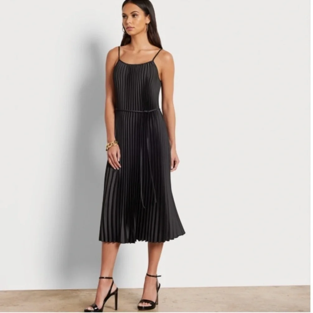 NWT Sam Edelman Hammered Satin Plissé Black Midi Dress L - Picture 7 of 9